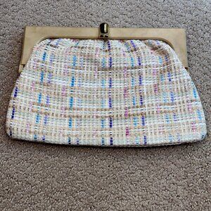 Woven Clutch Bag Purse Vintage Italy Beige Pastel Gold Metal Latch Plastic Frame